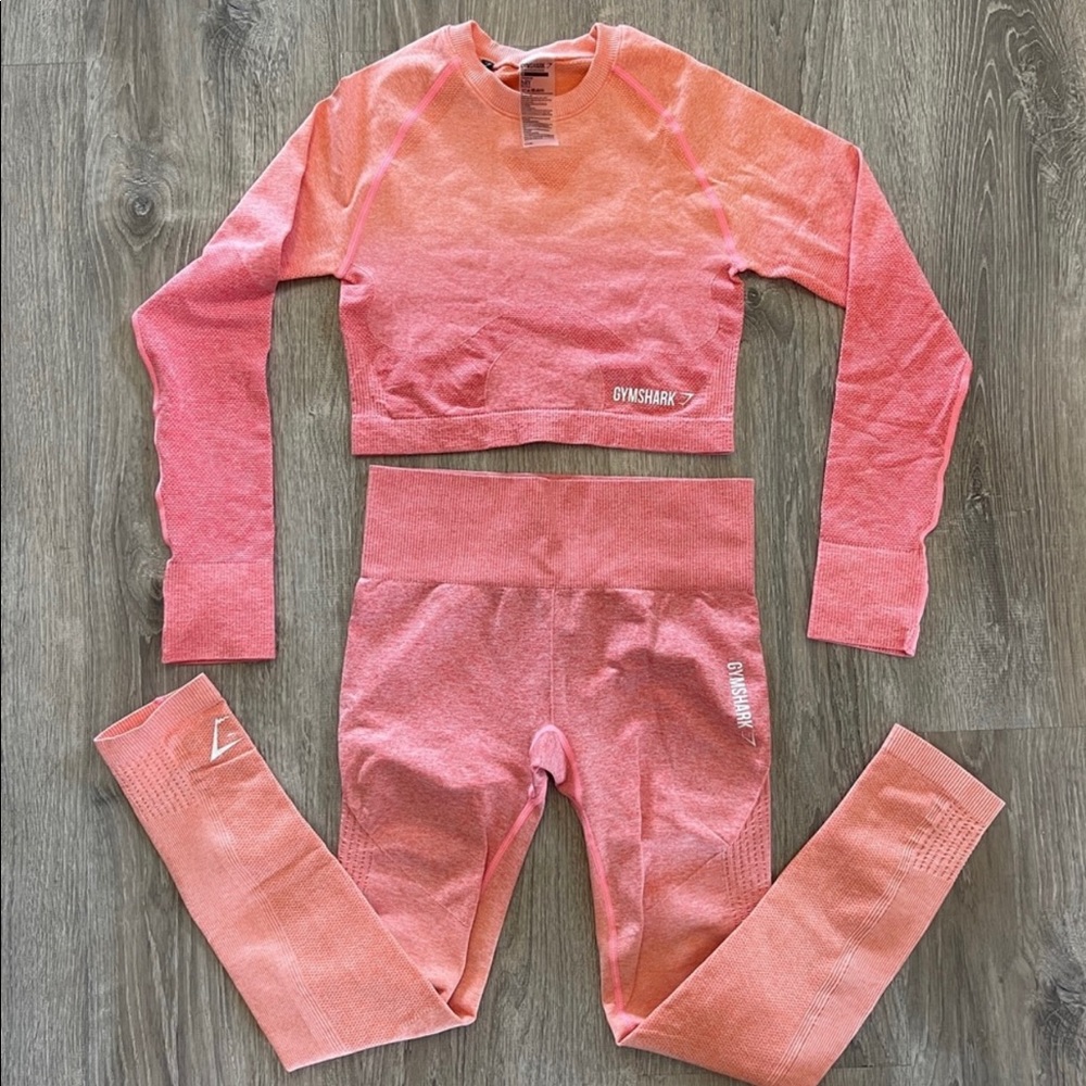 GymShark Matching Set - Leggings and Crop Top Long Sleeve Set - Pink Orange